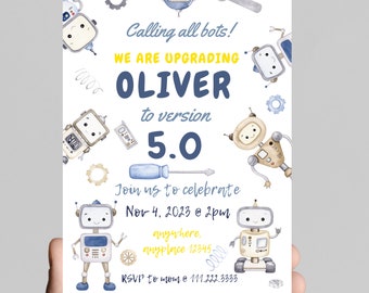 Robot theme Birthday boy Invitation, robots, we are upgrading to version 5.0, robotics, editable age, celebrate the birthday boy, nuts bolts