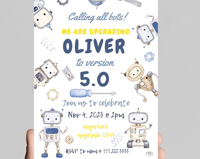 Robot theme Birthday boy Invitation, robots, we are upgrading to version 5.0, robotics, editable age, celebrate the birthday boy, nuts bolts