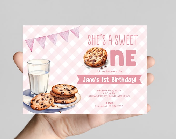 sweet one! Milk and cookies theme 1st birthday invitation, bakery sweets themed invitation for little one, chocolate chip cookies, printable