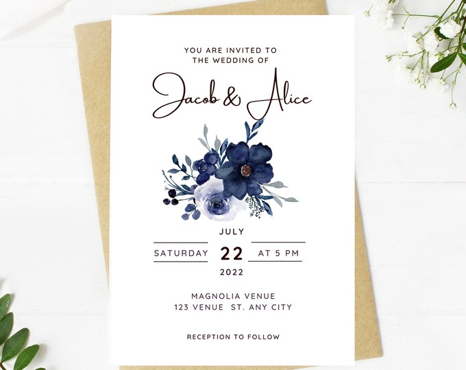 Beautiful Wedding invitation, dusty blue floral, Wedding, blue floral, navy, printable, editable, instant download template, e-card, Bridal