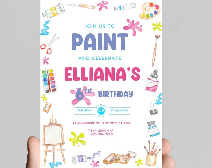 Art theme birthday invitation, rainbow paint,gold glitter, paintbrush, painting,girl birthday party, age customizable