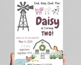 Oink, baa, cluck, moo, farm theme birthday invitation, cow, barn animals, tractor, girl 2nd birthday invitation. Editable Age and details