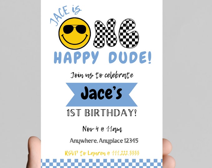 ONE happy dude, baby boy 1st birthday party invitation, black and white, smiley face, sunglasses, notorious one,editable, printable, digital