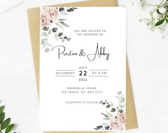 Beautiful Wedding invitation, light pink floral, Wedding, simple, dusty pink, minimalist, printable, editable, instant download template