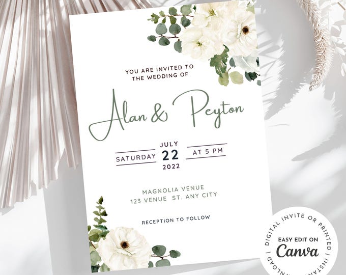 Eucalyptus Greenery Wedding Invitation, Rustic White Floral Printable Instant Download, Digital, Printable, E-invite, Leaves, Editable