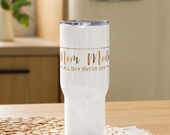 Mom Mode with gold letters on white Travel mug with a handle and lid