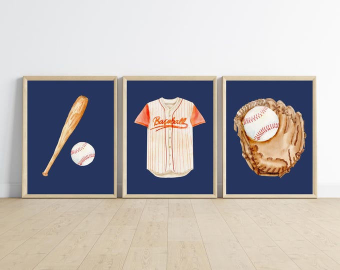 Baseball theme, room decor wall art, baseball glove, sports, 11x14, set of 3 prints with optional addition of child's name, digital download