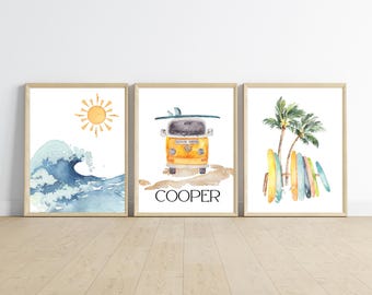 Little surfer theme bedroom wall art, beach coastal, nursery decor, set of 3 digital prints, name is customizable