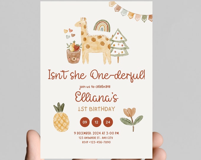 Isn’t she ONE-derful theme 1st birthday party invitation, boho theme, isn’t she wonderful, girl first birthday, printable, digital