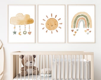 Boho Nursery Wall Art, Cloud, Sun, Rainbow Prints (Set of 3) (Digital Download)