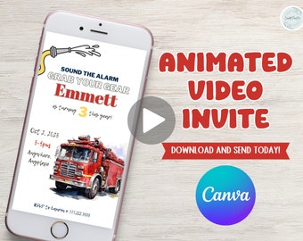 Fire truck theme birthday party video phone invitation, edit to any age