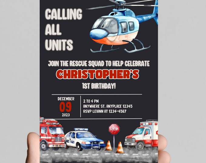 Calling all units, sound the alarm and grab your gear, firs responders 911 theme, fire fighter truck, police car, ambulance