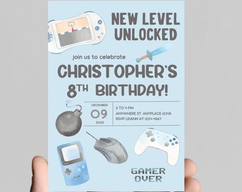 Gamer gaming birthday party invitation, neon lights, editable, printable, digital