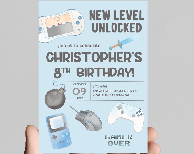 Gamer gaming birthday party invitation, neon lights, editable, printable, digital