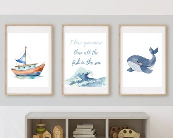 I love you more than all the fish in the sea, whale, beach baby wall art, nursery sign, coastal, nautical, nursery decor,  11x14 print,