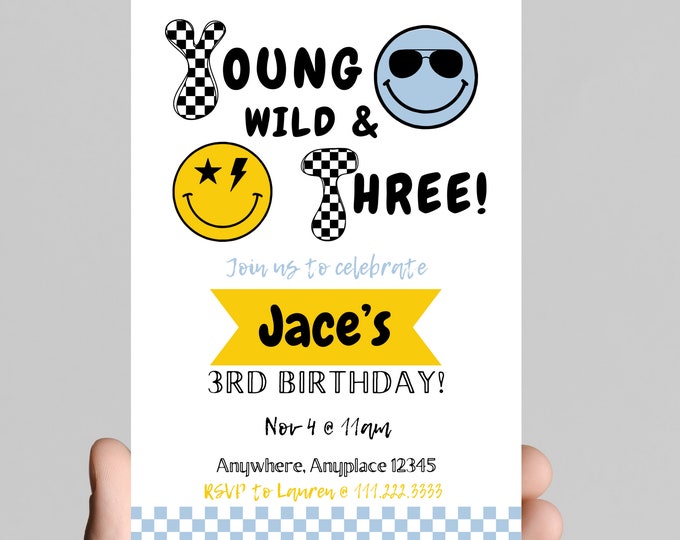 Young, wild, and THREE boy 3rd birthday party invitation, black and white, smiley face, sunglasses, edit and printable, digital