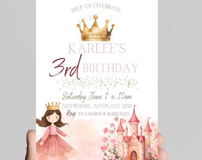 Princess theme birthday invitation, Princess castle, carriage, gold glitter, pink Princess, little girl birthday party, customizable