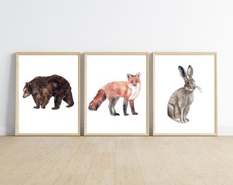 woodland forest animal nursery wall art decor, rabbit hare, fox, bear, baby boy nursery room,11x14, set of 3 digital prints included.