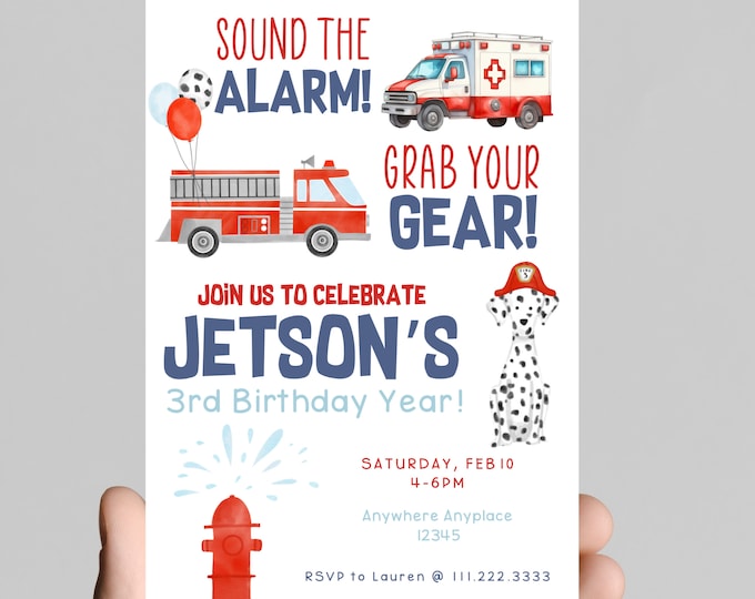 sound the alarm and grab your gear, fire fighter truck theme Birthday Invitation, firefighter birthday party, fire, fire truck, fire hose