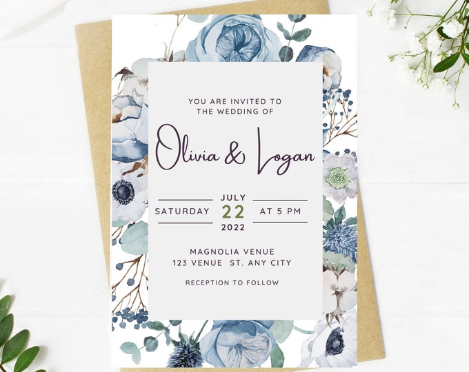 Beautiful Wedding invitation, dusty blue floral, Wedding, blue floral, navy, printable, editable, instant download template, e-card, Bridal