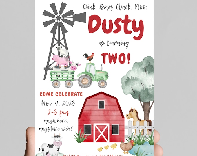 Oink, baa, cluck, moo, farm theme birthday invitation, cow, barn animals, tractor, boy 2nd birthday invitation. Editable Age and details