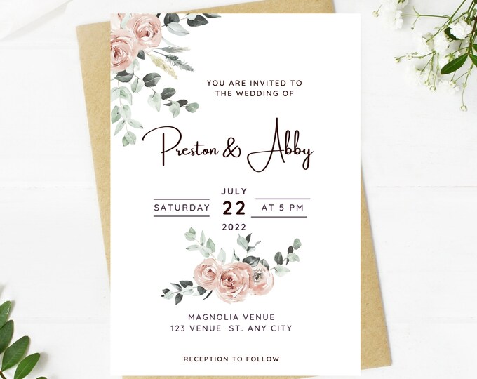Beautiful Wedding invitation, light pink floral, Wedding, simple, dusty pink, minimalist, printable, editable, instant download template