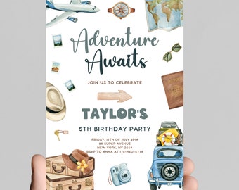 Vintage Travel Birthday Invitation, Adventure Awaits, World Map (Digital)