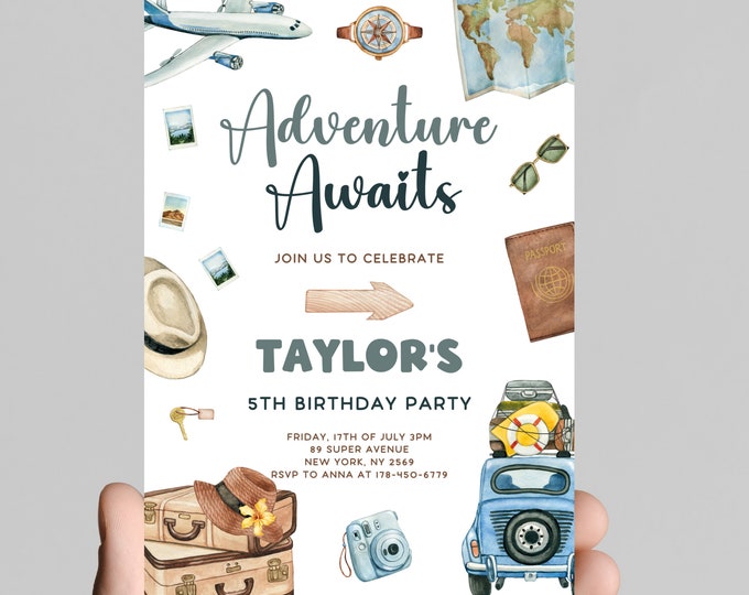 Adventure awaits, Vintage travel theme birthday party invitation, wonderful world, boy first birthday, printable, digital