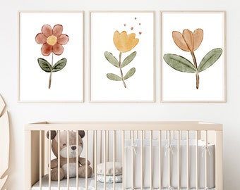 Boho Floral Nursery Wall Art, Minimalist Flower Prints (Set of 3 Digital Prints)