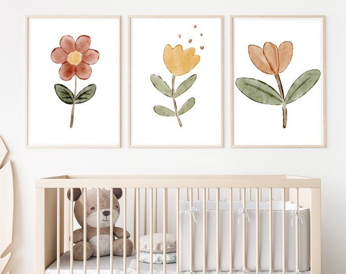 boho floral nursery wall art decor, boho flowers, baby girl, minimalist, 11x14, set of 3 digital prints included, customizable, no frames