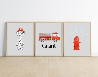 fire truck room decor, wall art, fire truck with name, fire hydrant, Dalmatian fire dog, 11x14, set of 3 prints included, customizable