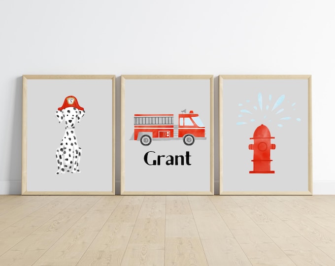 fire truck room decor, wall art, fire truck with name, fire hydrant, Dalmatian fire dog, 11x14, set of 3 prints included, customizable