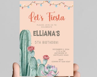 first fiesta birthday party invitation, fiesta, cactus, cactus flower, first birthday party invitation, muticolor