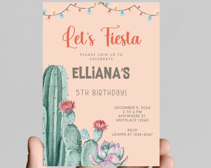 first fiesta birthday party invitation, fiesta, cactus, cactus flower, first birthday party invitation, muticolor