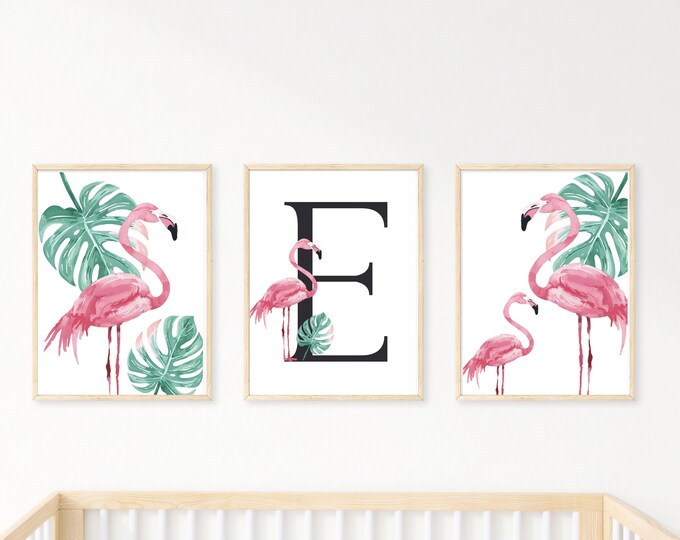 Tropical wall art, girl nursery bedroom wall decor, flamingo, pineapple, gold glitter, tropical, 11x14, set of 3