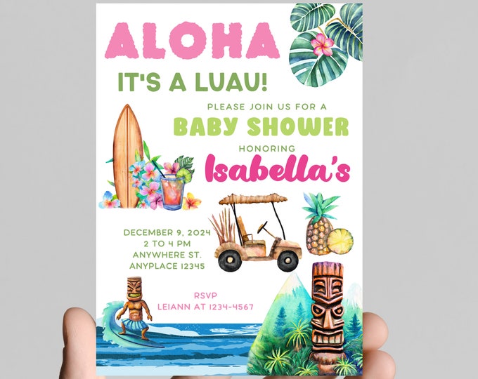 Hawaiian luau theme baby shower invitation, pink flamingo, tropical, baby girl, digital or printable