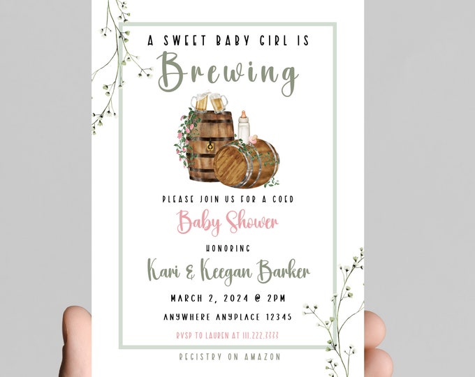 Baby Brewing baby shower invitation, a sweet baby girl is brewing baby shower invite, beer and bottles coed baby shower invitation