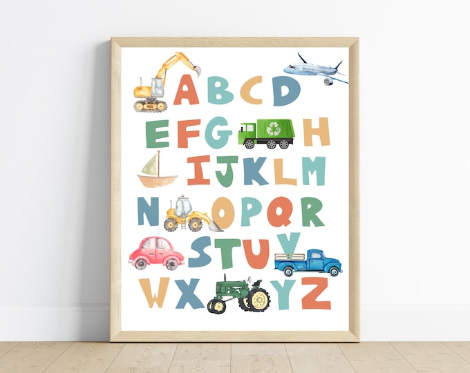 transportation alphabet room decor, alphabet for playroom, bedroom decor, construction truck, garbage truck, plane, tractor, car, truck