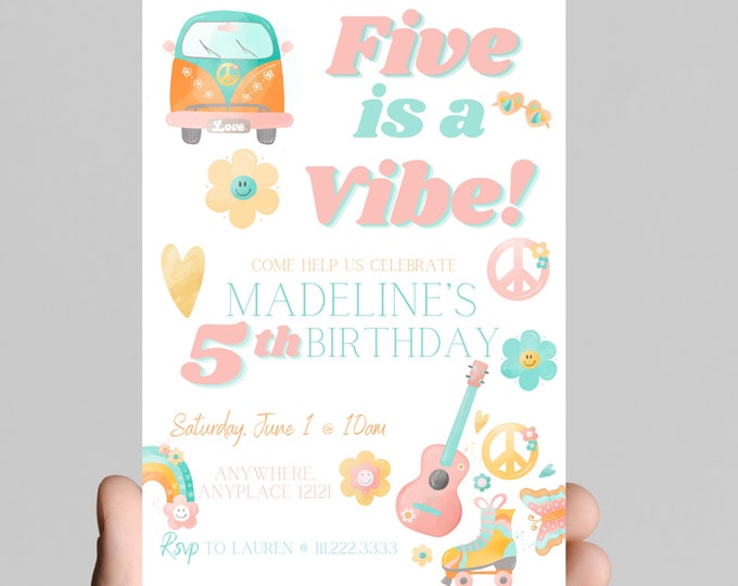 FIVE is a VIBE retro groovy 5th birthday invitation 60’s 70’s themed girl birthday party, digital edit and print