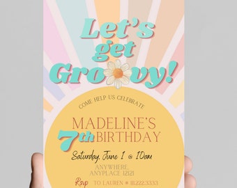 Let’s get groovy, retro, 70’s, throwback, daisy, boho, sun beam, groovy hippie girl birthday invitation themed, edit any age, printable