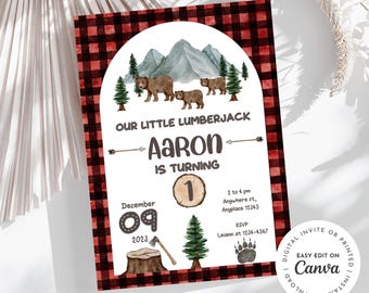 Wild One Lumberjack Birthday Invitation, Buffalo Plaid, Woodland Theme (Digital, Printable)