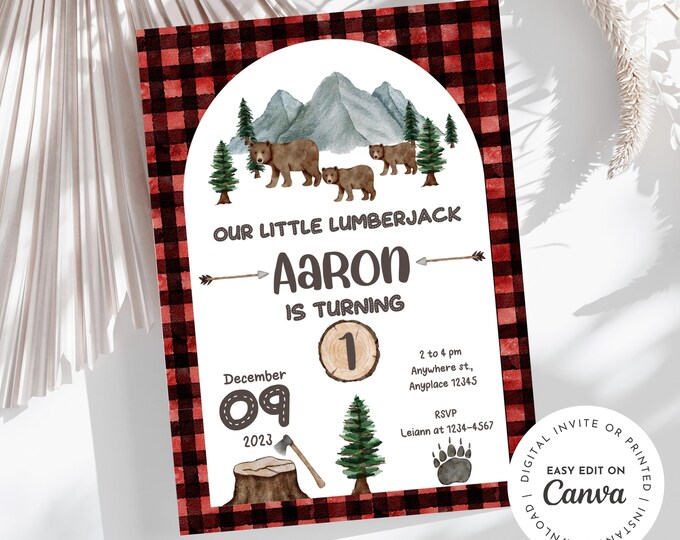 Woodland theme, Wild ONE lumberjack first 1st birthday invitation, buffalo plaid, adventure, outdoors, customize, digital, printable