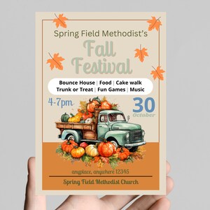 May include: A flyer advertising a Fall Festival at Spring Field Methodist Church. The flyer features a cartoon illustration of a vintage truck filled with pumpkins and autumn leaves. The event will take place on 30th October from 4-7pm and will include activities such as a bouncy castle, food, a cake walk, trick or treat, fun games, and music.