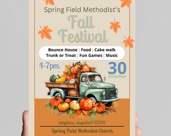Fall festival flyer or invitation, autumn fall harvest, pumpkins, fall leaves, vintage truck, church festival, editable, printable, digital