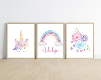 Rainbow Unicorn Nursery Decor, Baby Girl Room, Set of 3 Prints (11x14, NOT Framed)