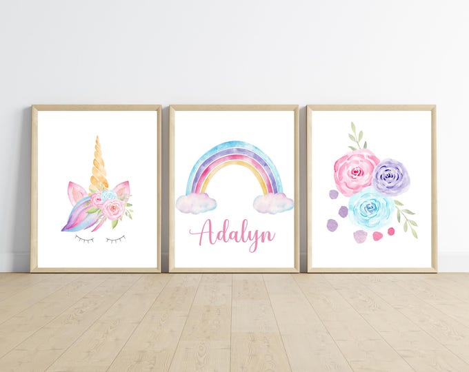 Rainbow unicorn nursery bedroom wall art decor, baby girl room wall decor 11x14inches, set of 3 printed on matte paper board, NOT framed.