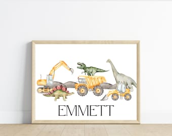 Dinosaurs and Construction trucks boy bedroom wall art, T-Rex, dump truck, excavator, bulldozer, 11x14, Dinos, digital download, printable