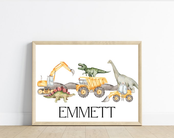Dinosaurs and Construction trucks boy bedroom wall art, T-Rex, dump truck, excavator, bulldozer, 11x14, Dinos, digital download, printable