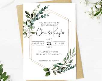 Beautiful Wedding invitation, boho floral and greenery, gold frame, simple, minimalist, printable, editable, instant download template