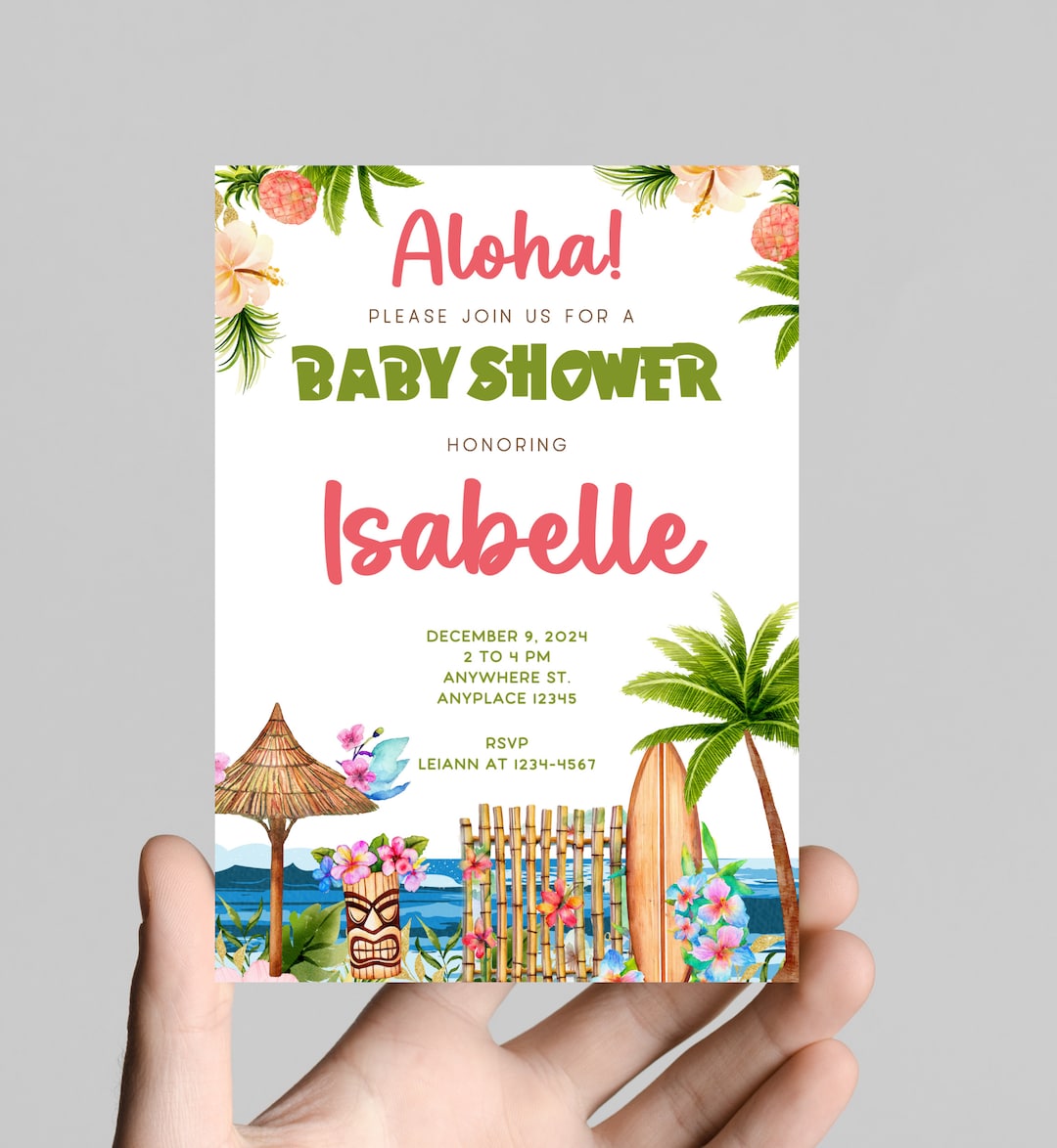 Hawaiian Luau Theme Baby Shower Invitation, Pink Flamingo, Tropical ...